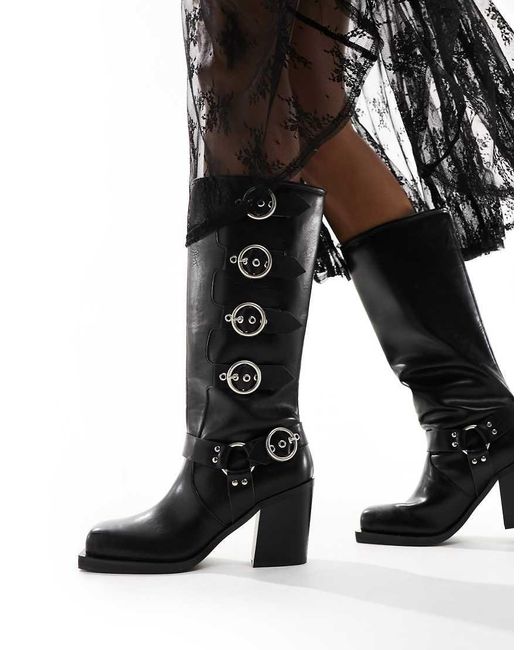 Public Desire Black Fetish Heeled Biker Boot