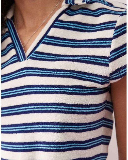 Collusion Blue Towelling Striped Polo Top Co-Ord