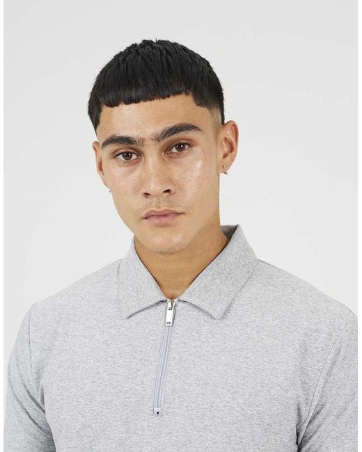 Brave Soul Gray Cotton Polo Top With Quarter Zip for men