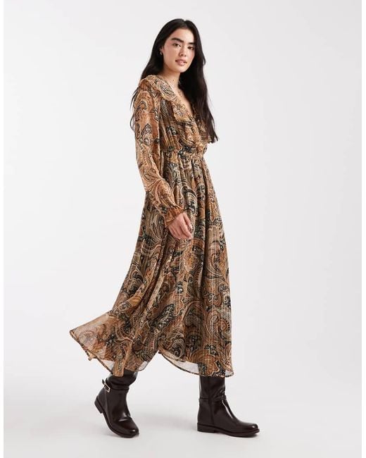 New Look Natural Paisley Chiffon Long Sleeve Midi Dress