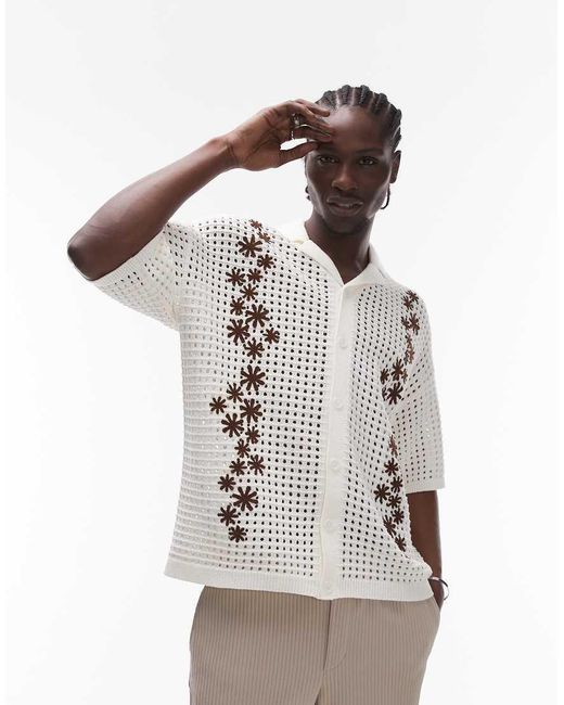 Topman Natural Revere Embroidered Floral Crochet Shirt for men