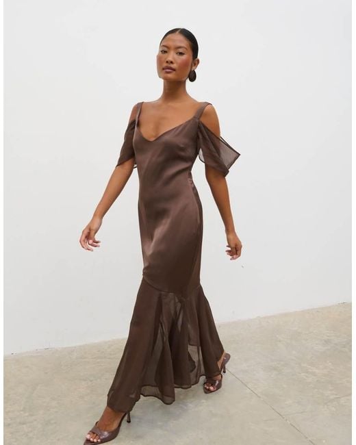 Pretty Lavish Brown Drop Hem Sheer Midaxi Dress