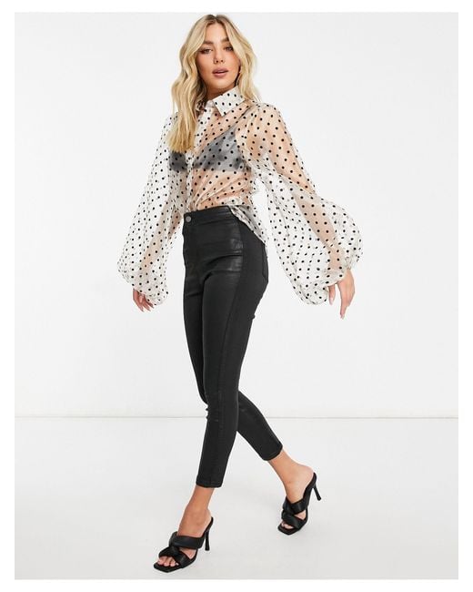 Organza polka dot balloon sleeve blouse cheap