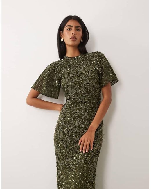 Beauut Green Embellished High Neck Open Back Maxi Dress