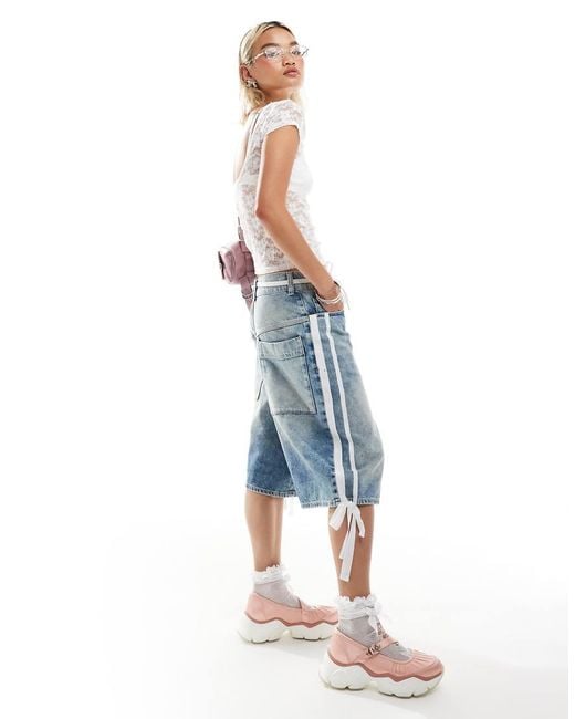 Collusion Blue Iconic Denim Skater Jorts With Bow Side Stripe