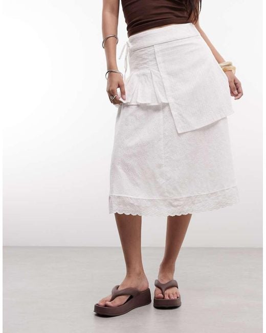 Daisy Street White Broderie Midi Skirt With Overlay