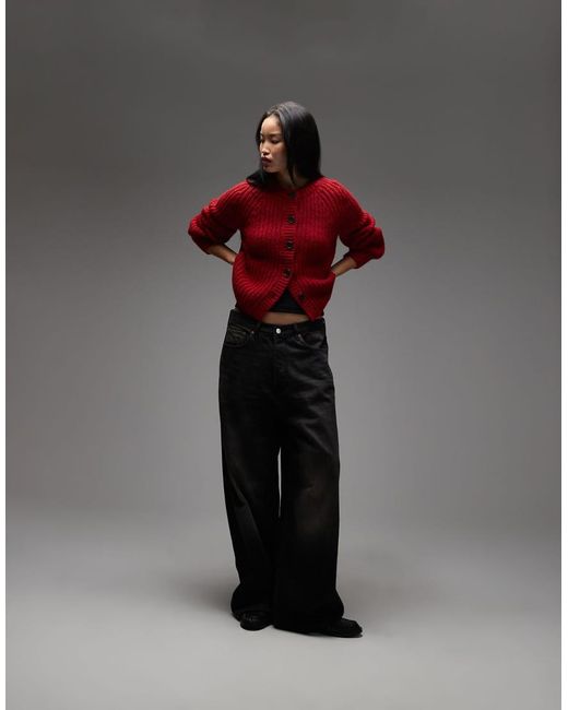 & Other Stories Red Alpaca And Wool Chunky Knit Cardigan With Balloon Sleeves