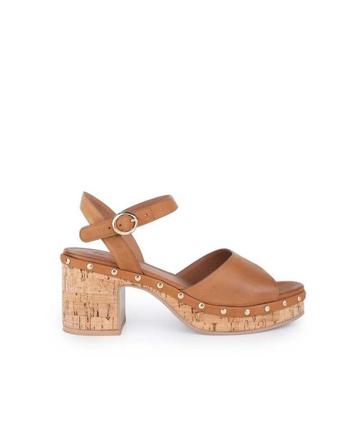 OFF THE HOOK Brown Cleo Leather Studded Cork Platform Block Heel Sandals