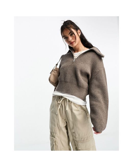 & Other Stories Brown Merino Wool Blend Knitted Chunky Rib Half Zip Sweater