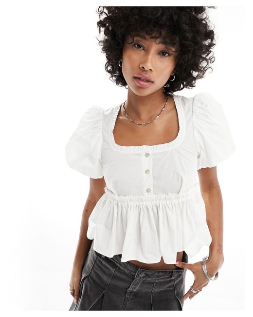 Monki White Milkmaid Blouse With Frill Neckline And Back Bow Detail