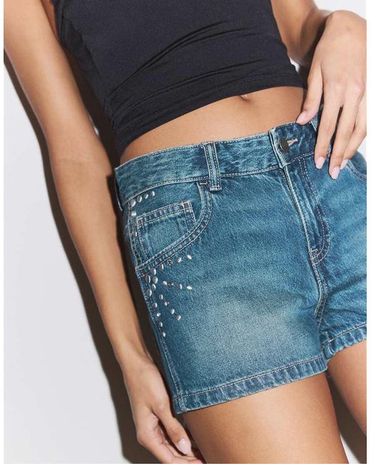 Stradivarius Blue Mini Denim Shorts With Studs