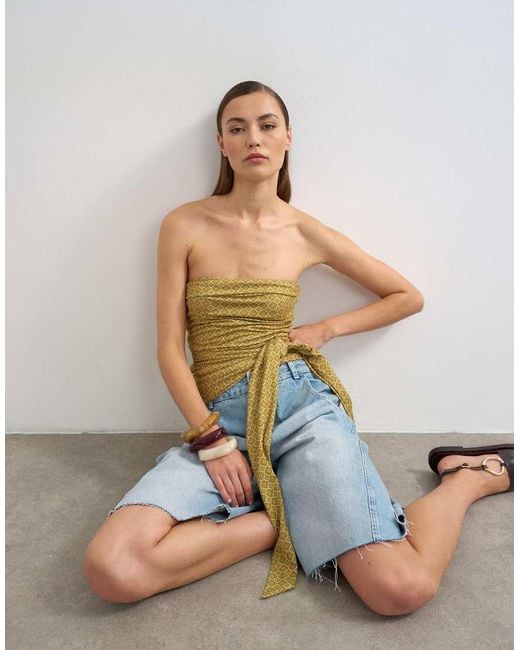 TOPSHOP Green Tile Print Tie Detail Bandeau Top