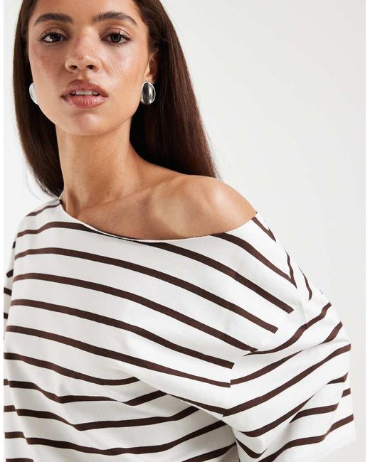 ASOS White Slouchy Off Shoulder Oversized Tee Choc & Cream Stripe