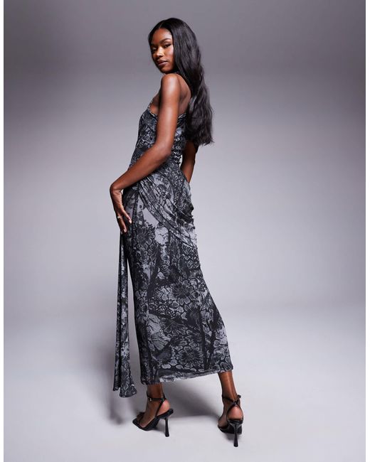 ASOS Blue Mesh Asymmetric Off Shoulder Midi Dress With Hitched Drape Sash
