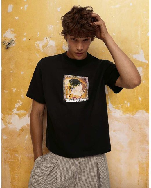 Bershka Black Short Sleeve Klimt Print T-Shirt for men