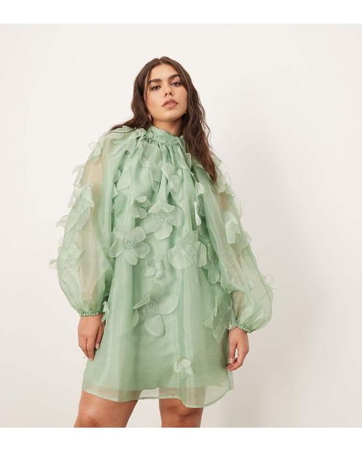 ARRANGE Green Curve Applique Organza Floral High Neck Trapeze Mini Dress