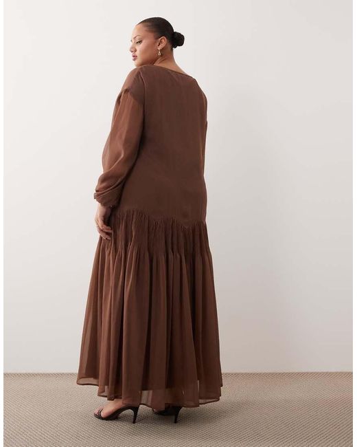 ASOS Brown Asos Design Curve Slash Neck Chiffon Godet Maxi Dress