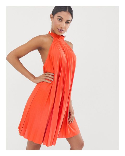 ASOS Orange Backless Halter Pleated Mini Dress