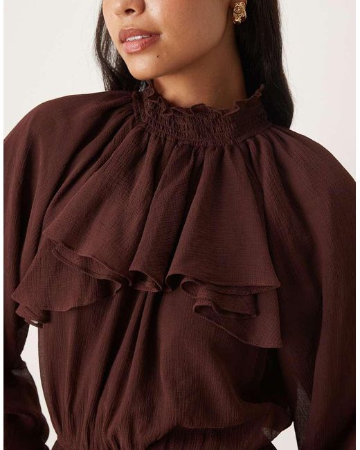 ASOS Brown High Neck Ruffle Detail Chiffon Maxi Dress