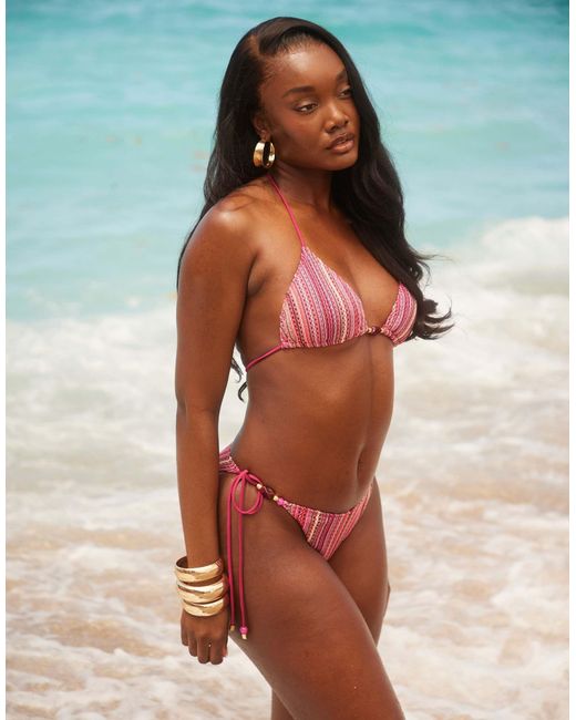 South Beach Pink Crochet Triangle Bikini Top With Bead Detail