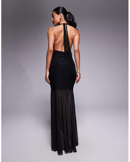 ASOS Multicolor Printed Mesh Highneck Halter Maxi Dress With Sheer Skirt