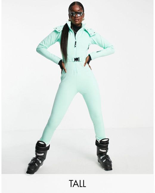 ASOS 4505 Tall Ski Suit With Fitted Belted & Fur Hood in Green - Lyst