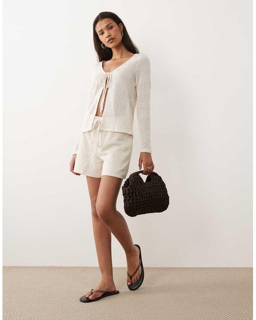 Vila Natural Tie Front Crochet Cardigan Co-ord