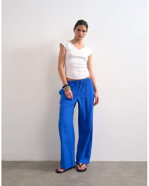 TOPSHOP Blue Linen Straight Leg Trouser With Deep Cuff