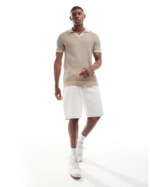 Hollister White Pattern Open Stitch Knit Tipped Polo for men