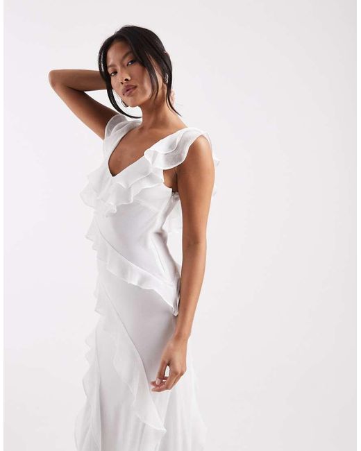 Forever New White Bridal V Neck Sleeveless Ruffle Detail Maxi Dress