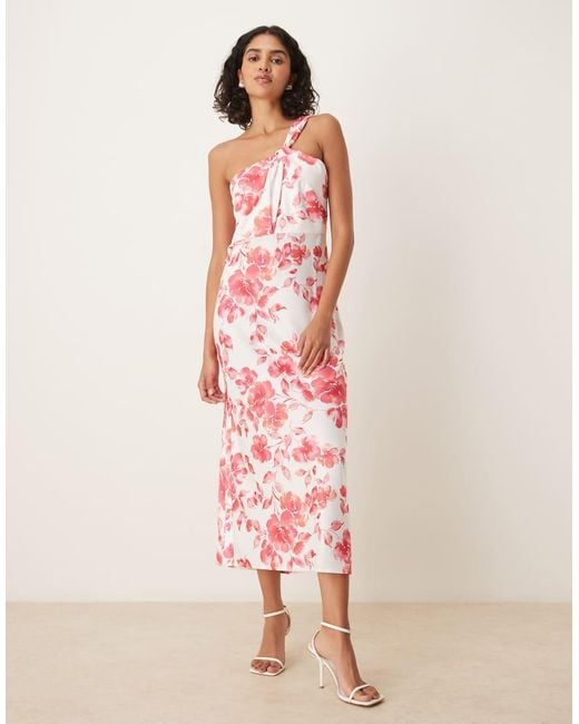 Y.A.S Pink One Shoulder Red Floral Satin Maxi Dress