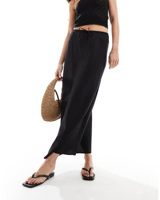 Falda Midi Negra De Mezcla De Lino De Mango de color Black