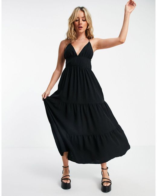 Bershka Black Tiered Smock Detail Maxi Dress