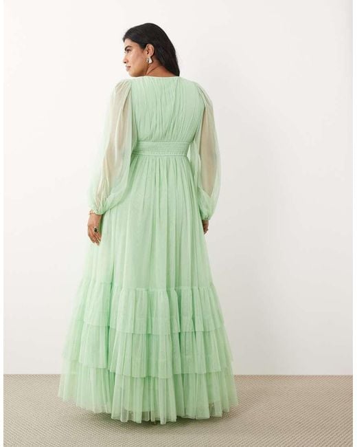 Lace & Beads Plus Green Bridesmaid Madison Smocked Plunge Neck Sheer Sleeve Maxi Dress