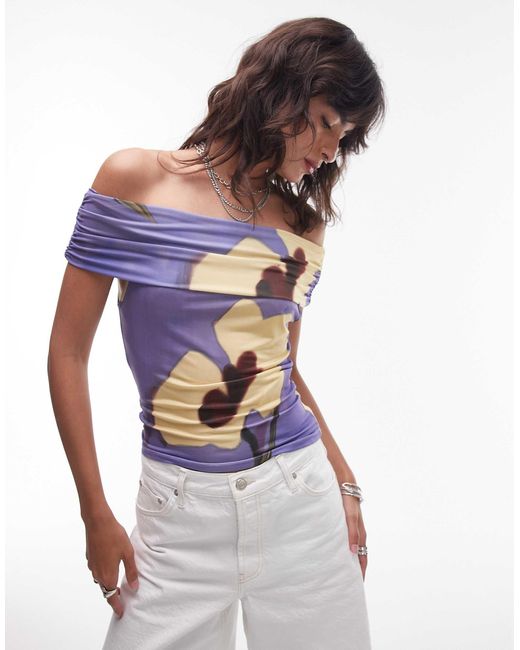 TOPSHOP Purple Floral Print Microfibre Deep Fold Bardot Top