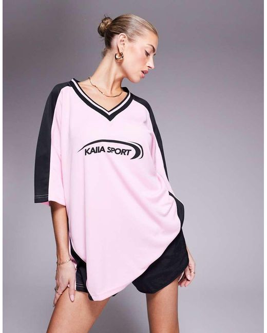 Kaiia Pink Sport Oversized V Neck Football Jersey