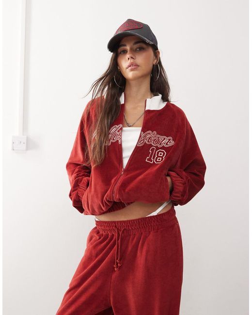 Collusion Red Relaxed Velvet Zip Through Jacket Co-Ord