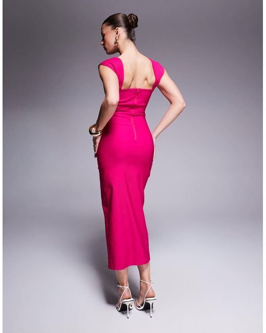 Vesper Pink Bengaline Square Neck Thigh Split Midi Dress