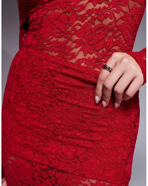 Murci Red Exclusive Sheer Lace Bardot Bodysuit And Foldover Waist Maxi Skirt Set