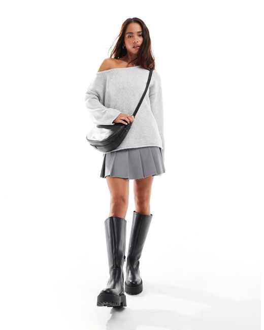 Jersey Gris Jaspeado Suelto Con Escote Bardot Asimétrico De Punto De Miss Selfridge de color White