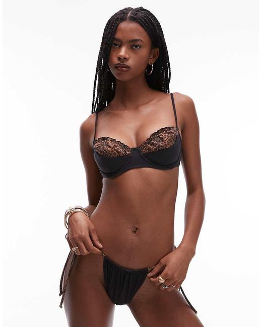 Frankie's Bikinis Brown X Bella Hadid Leopard Print Contrast Underwire Bikini Top