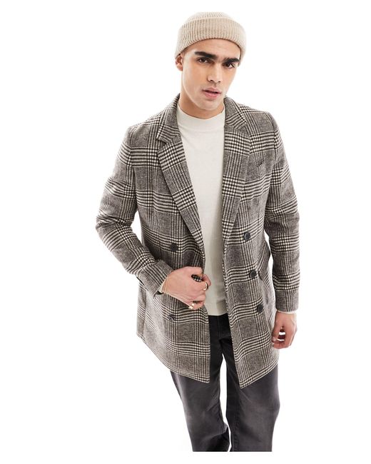 French Connection Gray Double Breasted Check Overcoat for men