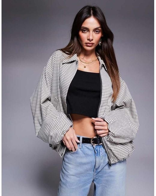 River Island Gray Check Bubble Hem Bomber Jacket