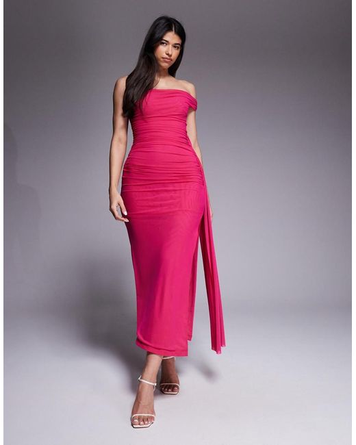 Bardot Pink Layana Mesh Twisted One Shoulder Ruched Midaxi Dress