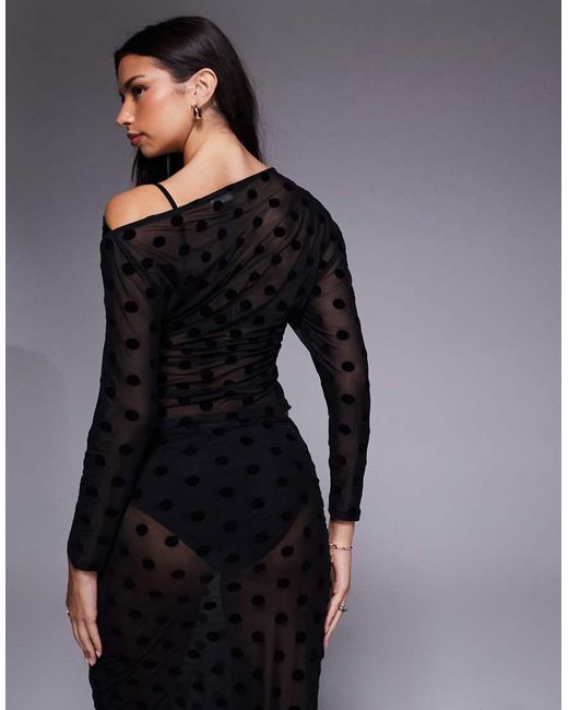 ASOS Gray Sheer Flocked Mesh Polka Dot Off Shoulder Top