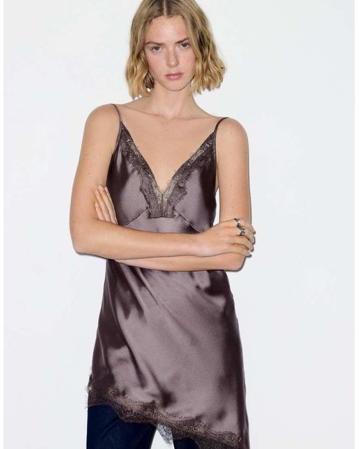 Pull&Bear Brown Asymmetric Lace Camisole Top