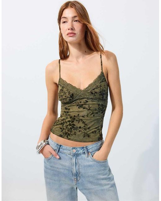 Stradivarius Blue Felted Lace Fitted Top
