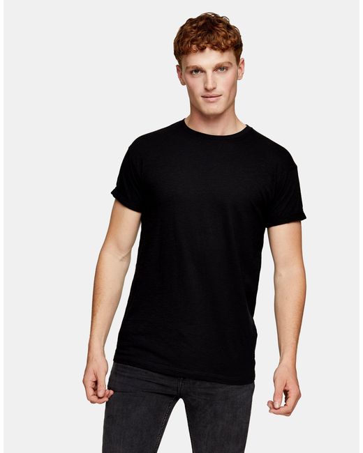 Topman Black Slub Roll Sleeve T-shirt for men