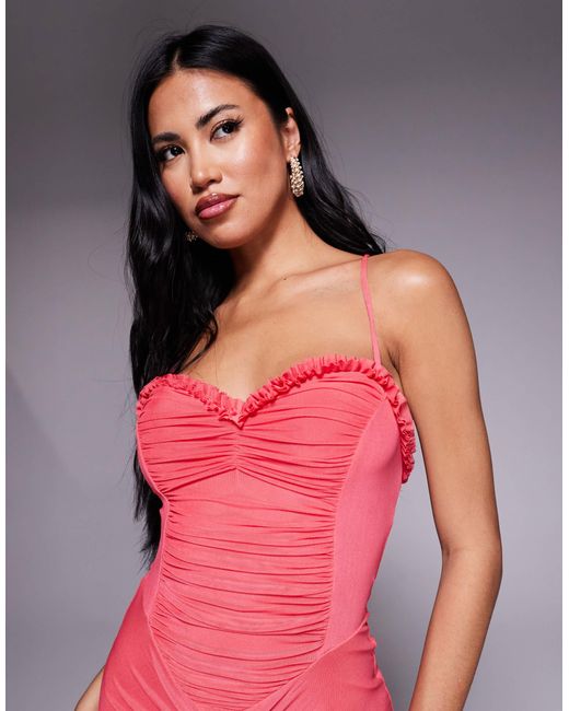 Robe longue en tulle à mini volants avec ourlet asymétrique - fuchsia AFRM en coloris Red