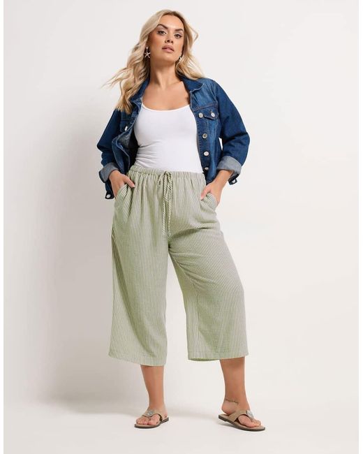 Yours Clothing Natural Stripe Linen Look Cropped Trousers